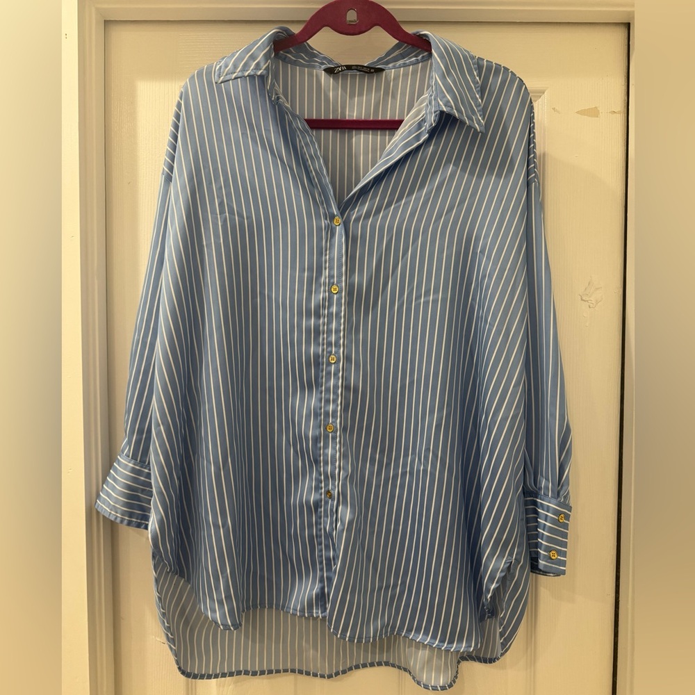 Zara Blue and White Striped Button-Down Shirt